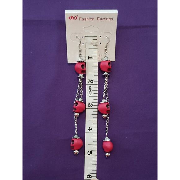 Dark Pink Skull Long Dangle Earrings Halloween Bikercore Punkcore Rocker Goth - Picture 2 of 5